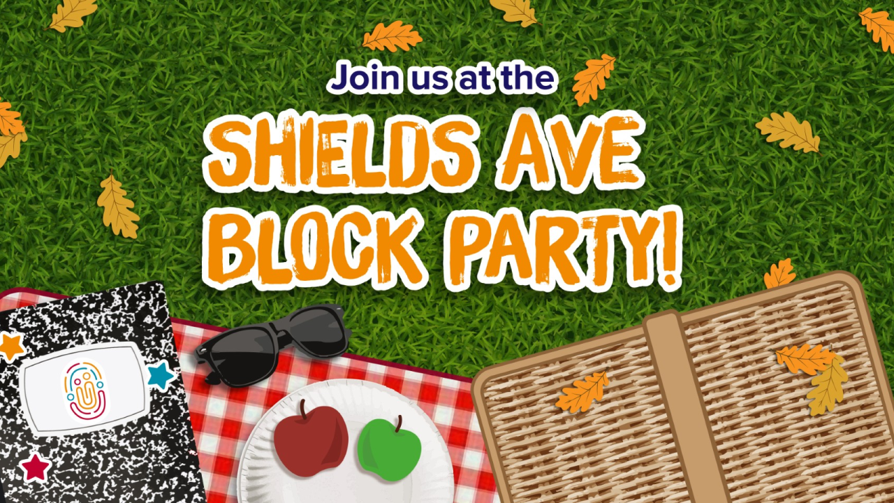 Shields Ave Block Party banner showing picnic on grass with basket, plates, autumn leaves